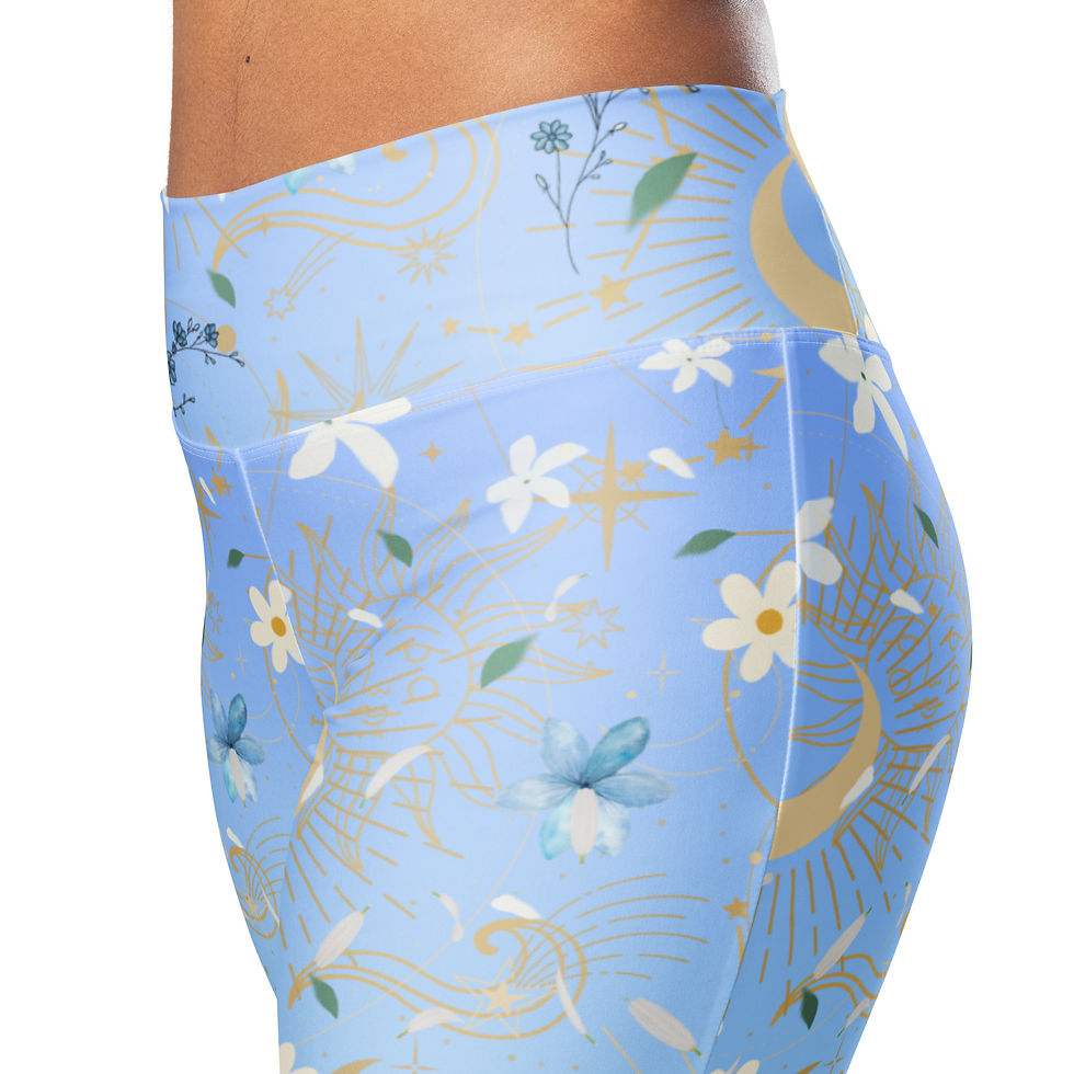 Thumbnail: Detail of the hidden waistband pocket on Night Jasmine celestial floral flare leggings.