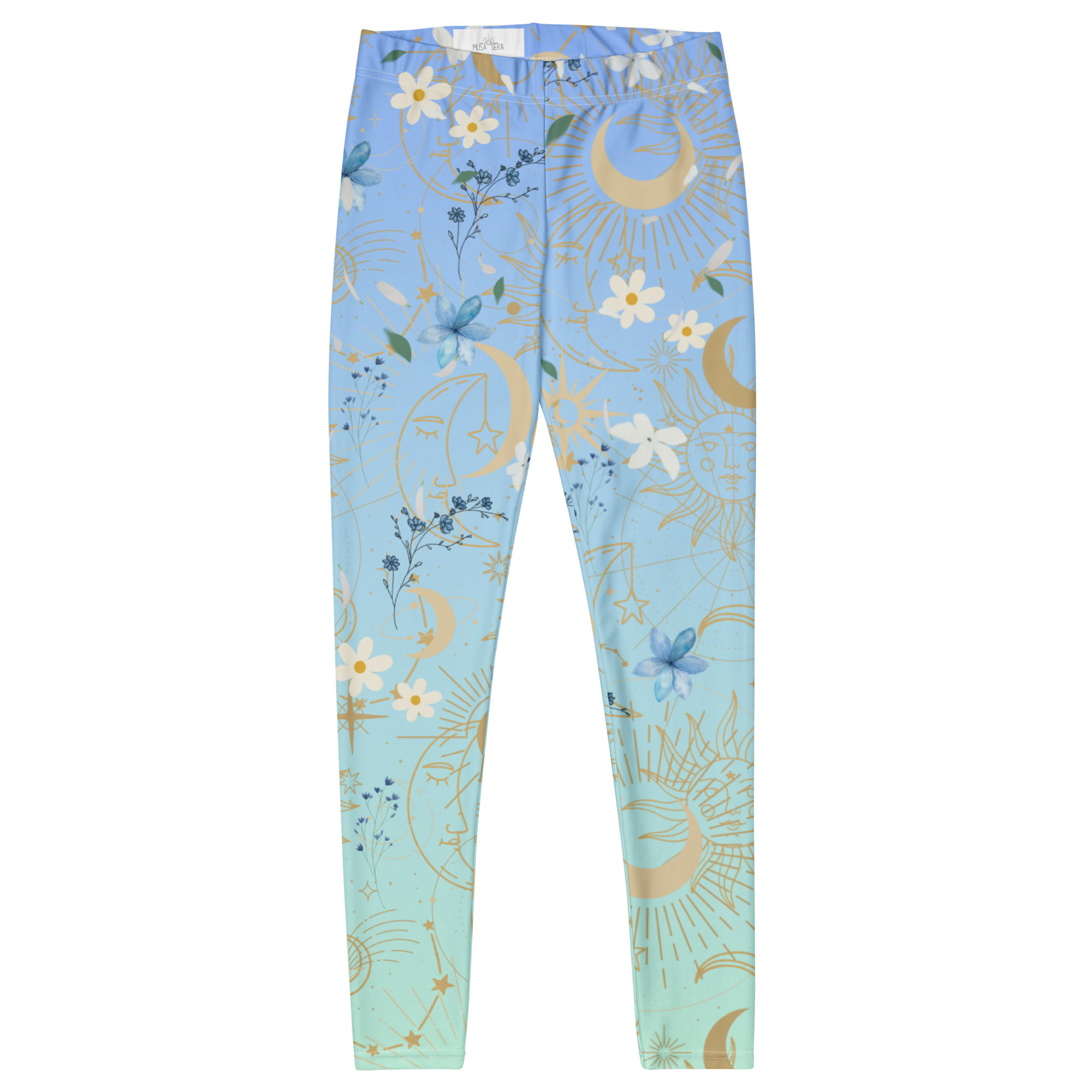 Night Jasmine mid-waisted yoga leggings with celestial moon and wildflower pattern in light blue.