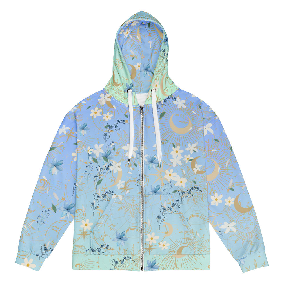 Night Jasmine Spring celestial zip hoodie in light blue with floral sleeve patterns.