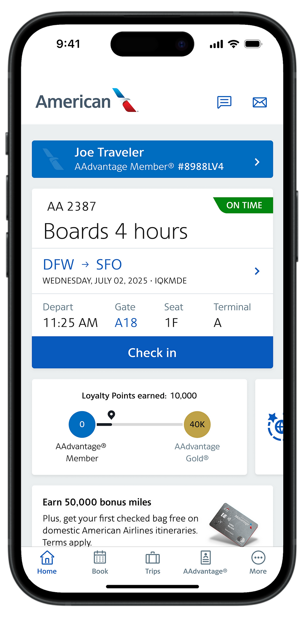 American Airlines mobile boarding pass for Joe Traveler. Flight AA2387 to SFO, departs 11:25 AM from Gate A18. On time.