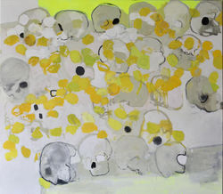 Vollrath Hopp_Totenschädel und Zitronen III.2025.Öl_Colorspray_Segeltuch.140x160cm