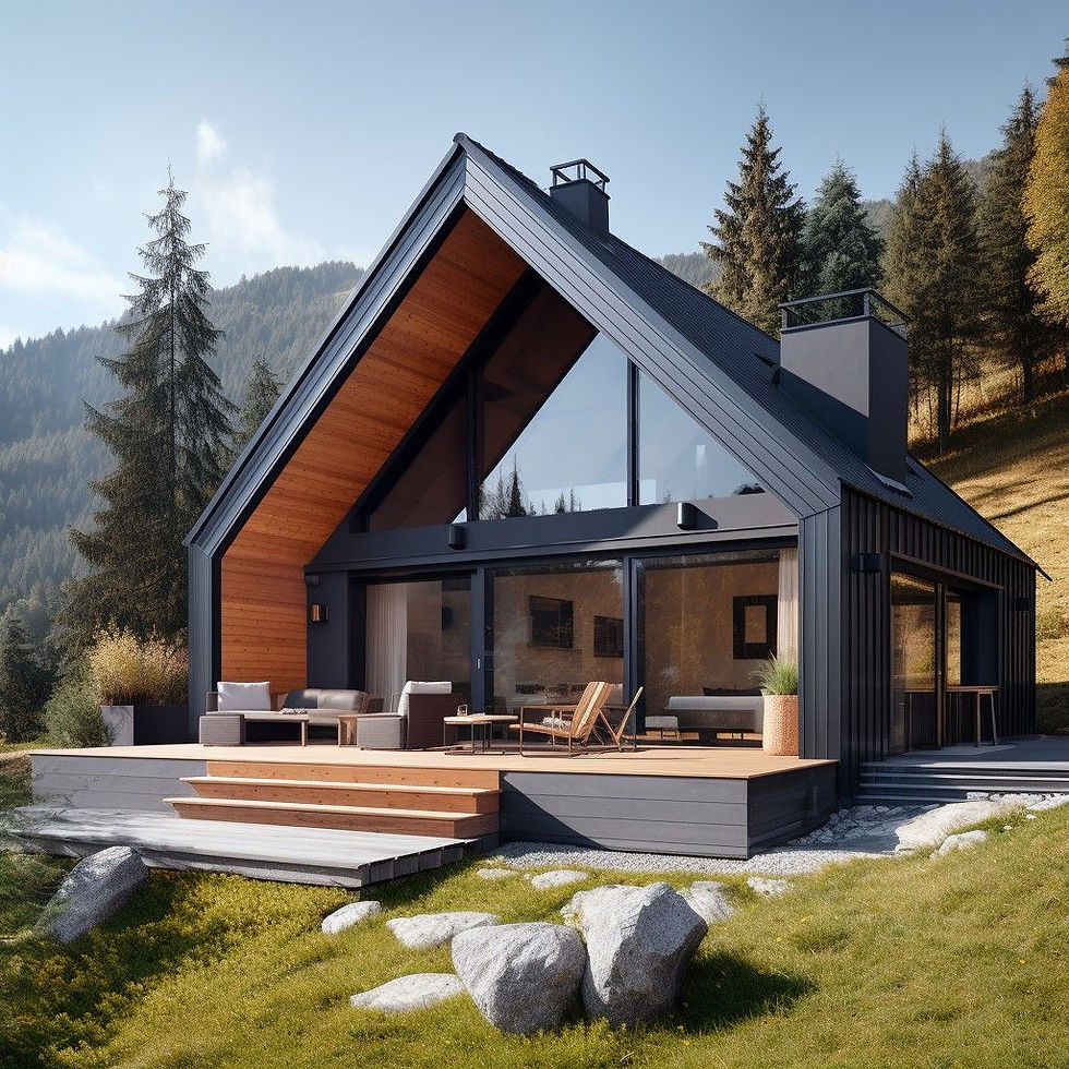 Modern cabin with black and wood exterior, large glass windows, nestled in a grassy mountain setting. Clear sky, serene atmosphere.