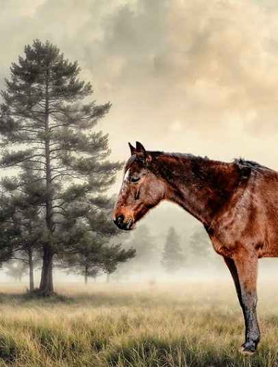 a side abgle of a brown horse in a misty fiedl in front of a tree