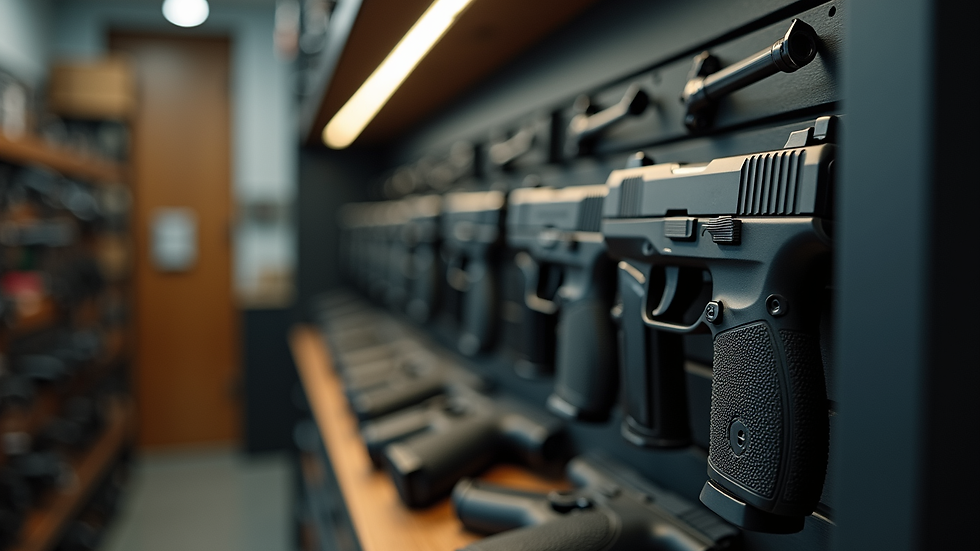 Eye-level view of a firearm display rack with various pistols