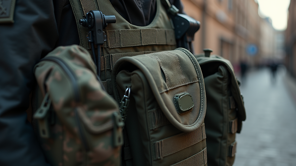 Close-up view of tactical vest with modular attachments and pouches