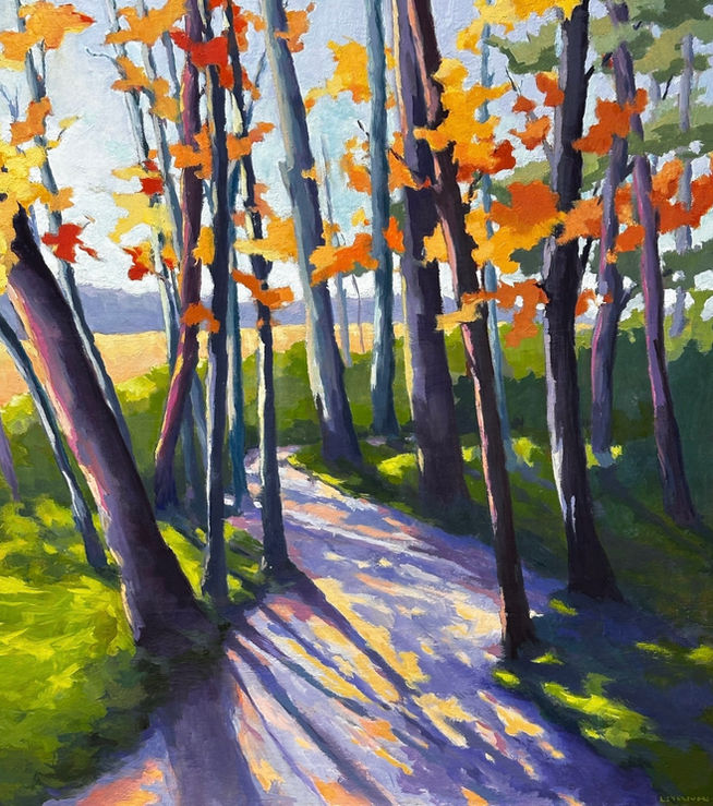 Woodland path in fall along shadowed walking path. Painting of the long shadows of fall line a wooded walking path. Landscape painting along a popular walking path along coastal Maine with vibrant colors of fall and deep hued shadows.