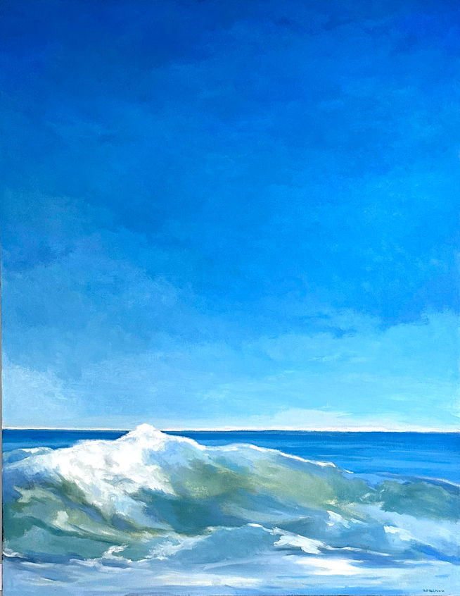 Large format oil painting of a cresting wave against a blue ocean sky.