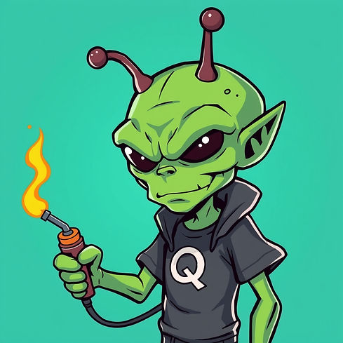 aggressive looking Teal and green alien with head antennas and a letter Q on his shirt whi