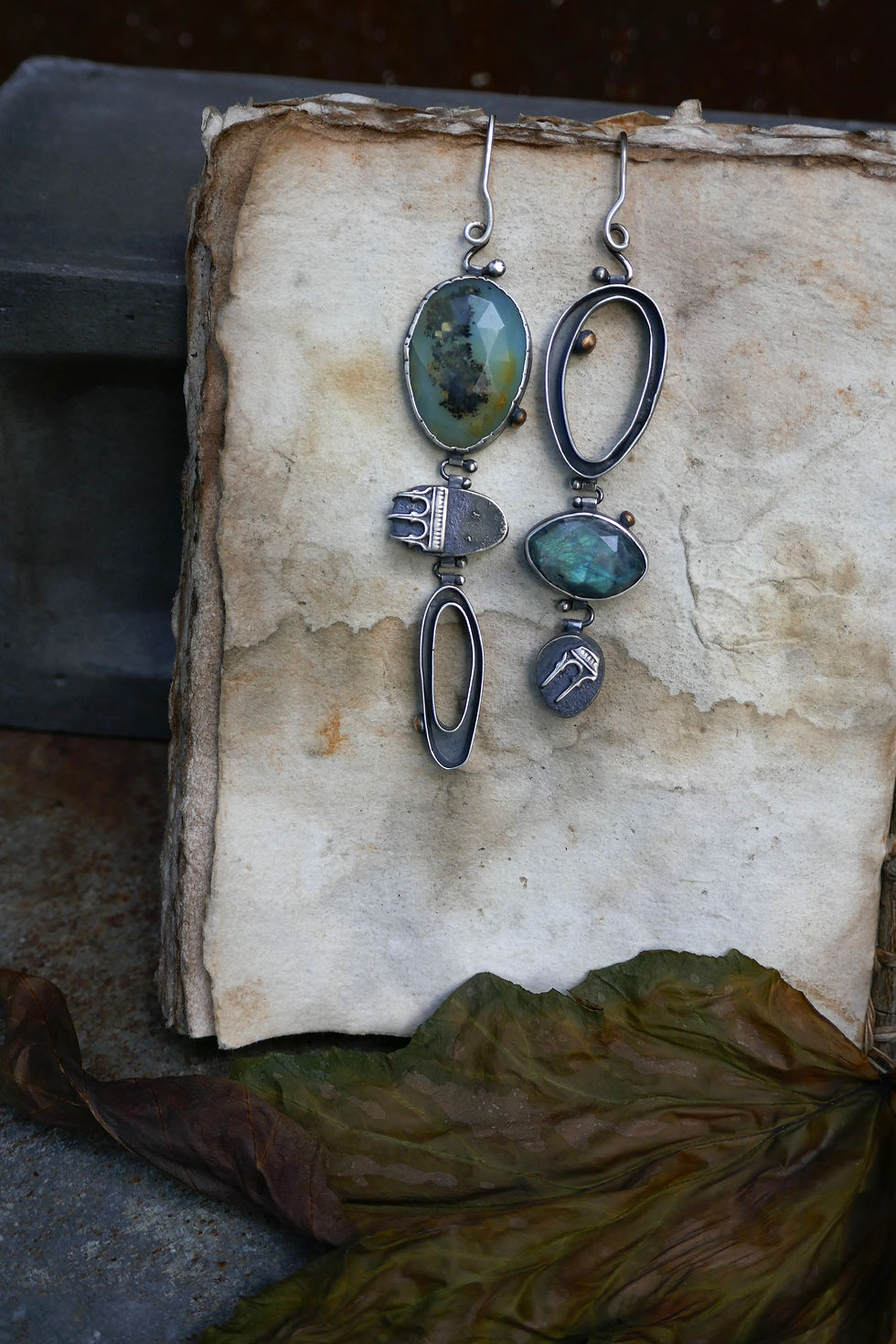asymmetrical peruvian opal and labradorite earrings