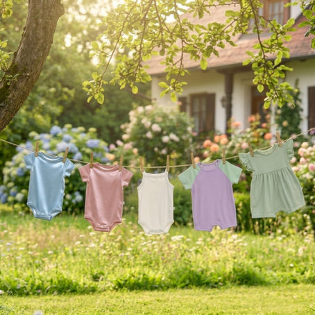 Baby Sommerkleidung von tetoi-vienna hängend auf einer Wäscheleine im Garten