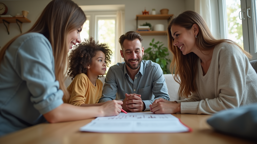 Eye-level view of a family discussing insurance options at home