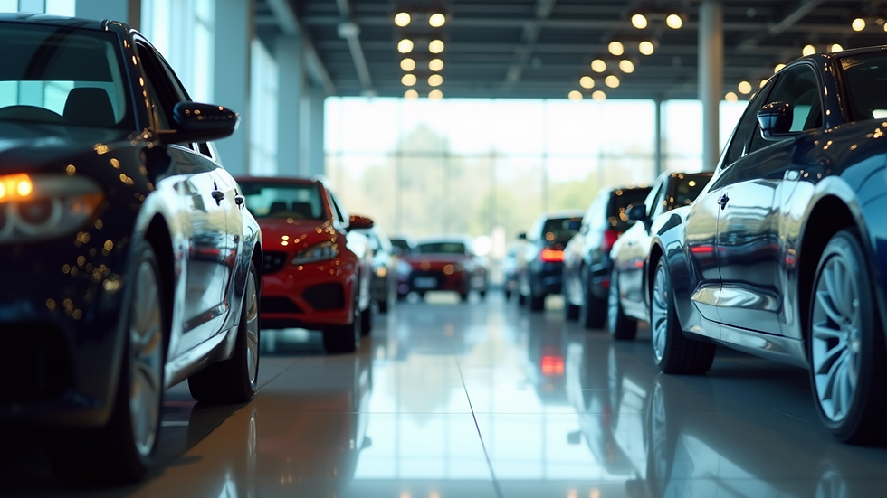 Eye-level view of a car showroom with various models