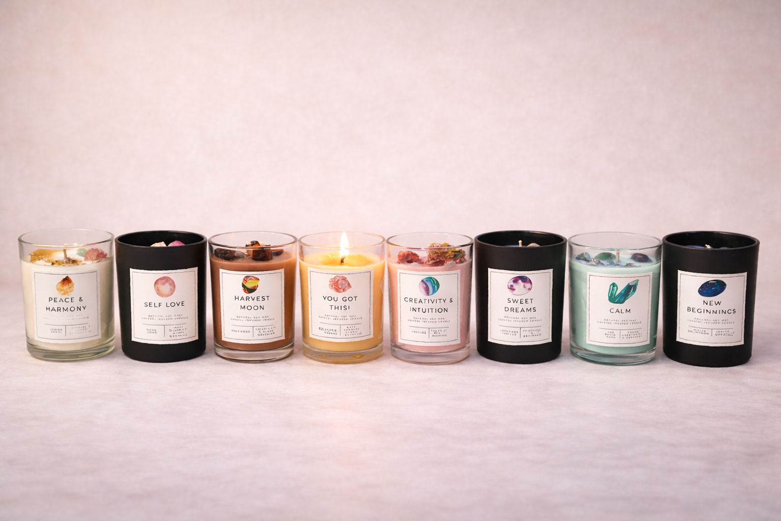 Calm crystal infused soy candle with amethyst and aventurine on neutral background, relaxation and meditation candle”