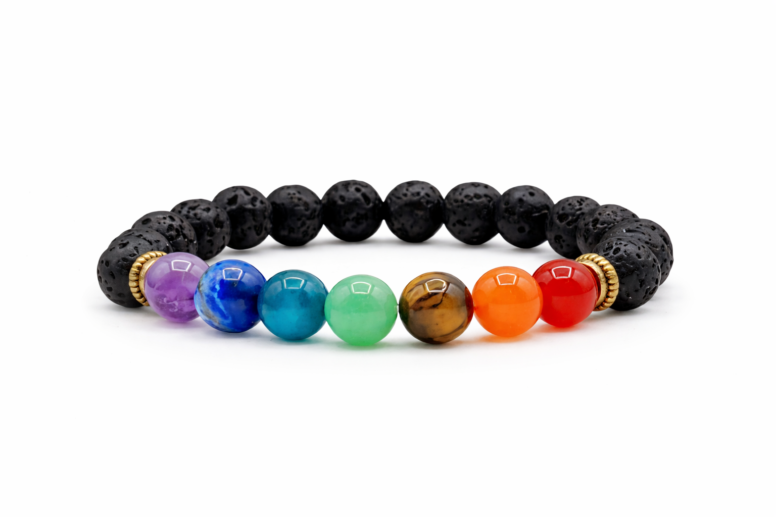 Chakra gemstone bracelet with lava stone beads and seven colored chakra stones on white background