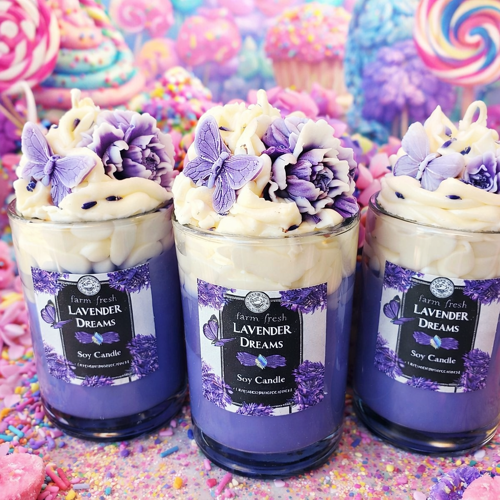 Thumbnail: Lavender blueberry dessert style soy candle with purple whipped topping detail