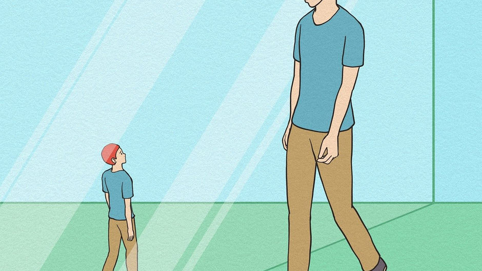 Drawing of boy looking into mirror.