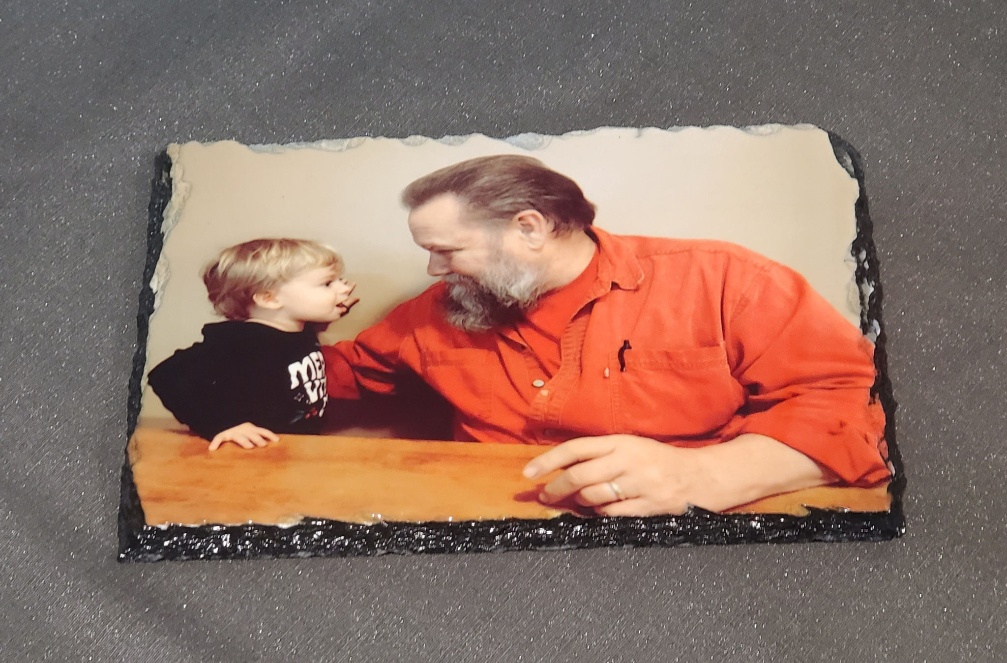 Custom photos on a slate with display stand.