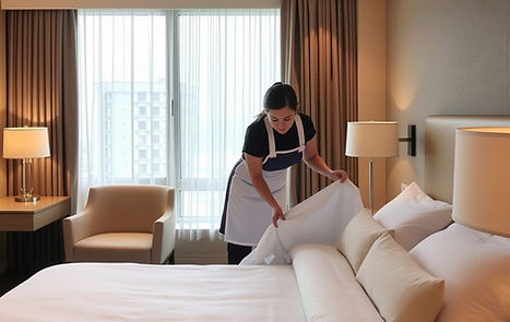 A housekeeper making a bed in a hotel room .jpg