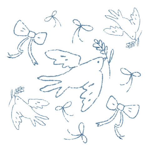 Minimalist blue ink sketches of birds and ribbons scattered on a white background.