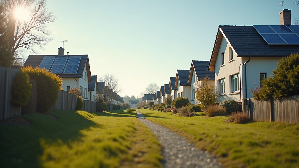 Eye-level view of a residential area with solar panels visible