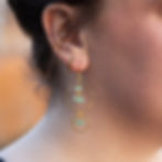 Someone's ear wearing a gold dangle earring with a large gold metal circle and two turquoise beads hanging in the middle and another smaller gold metal circle with one turquoise bead in the middle, hanging from it. 