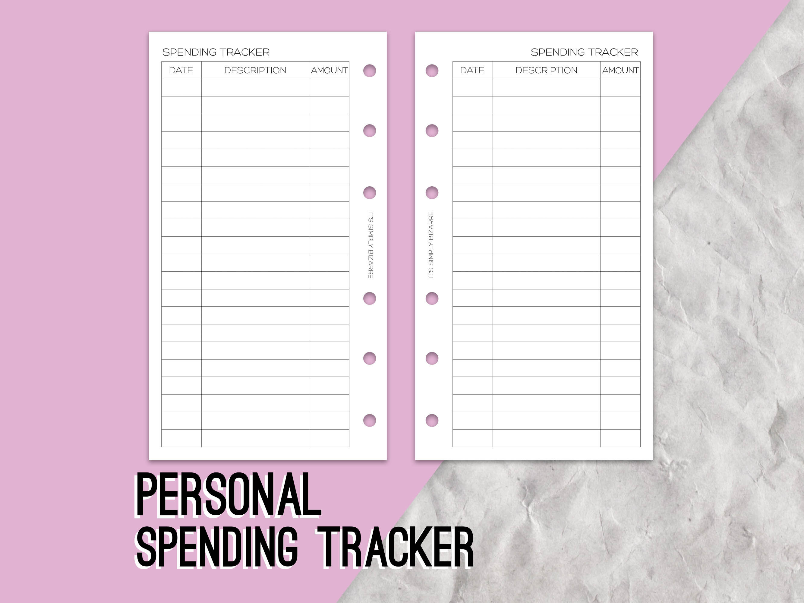 Mockup showing a Personal sized planner page featuring a grid to track spending