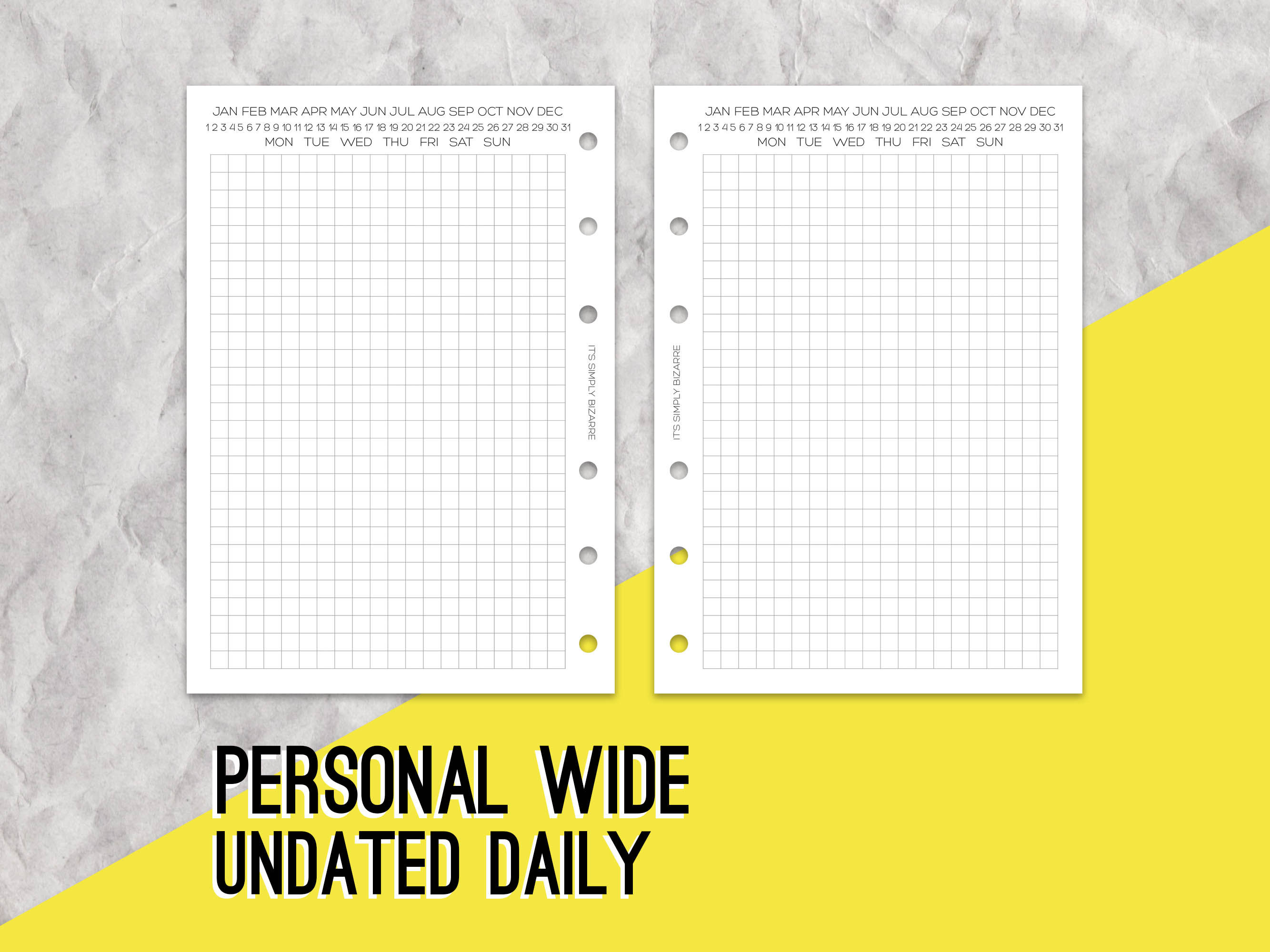 Mockup showing a Personal Wide sized planner page featuring an undated daily diary