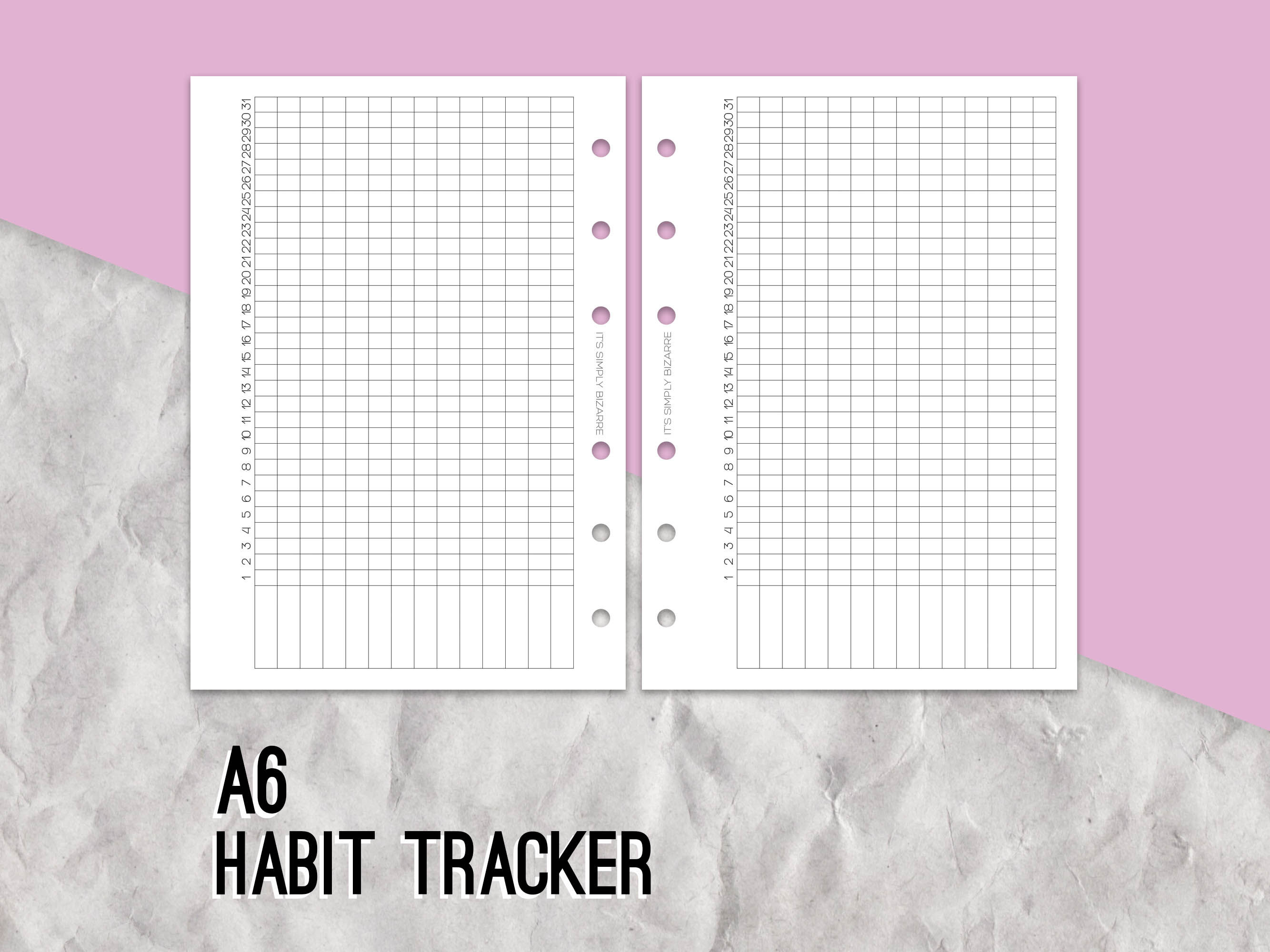 Mockup showing a A6 sized planner page featuring a habit tracker grid