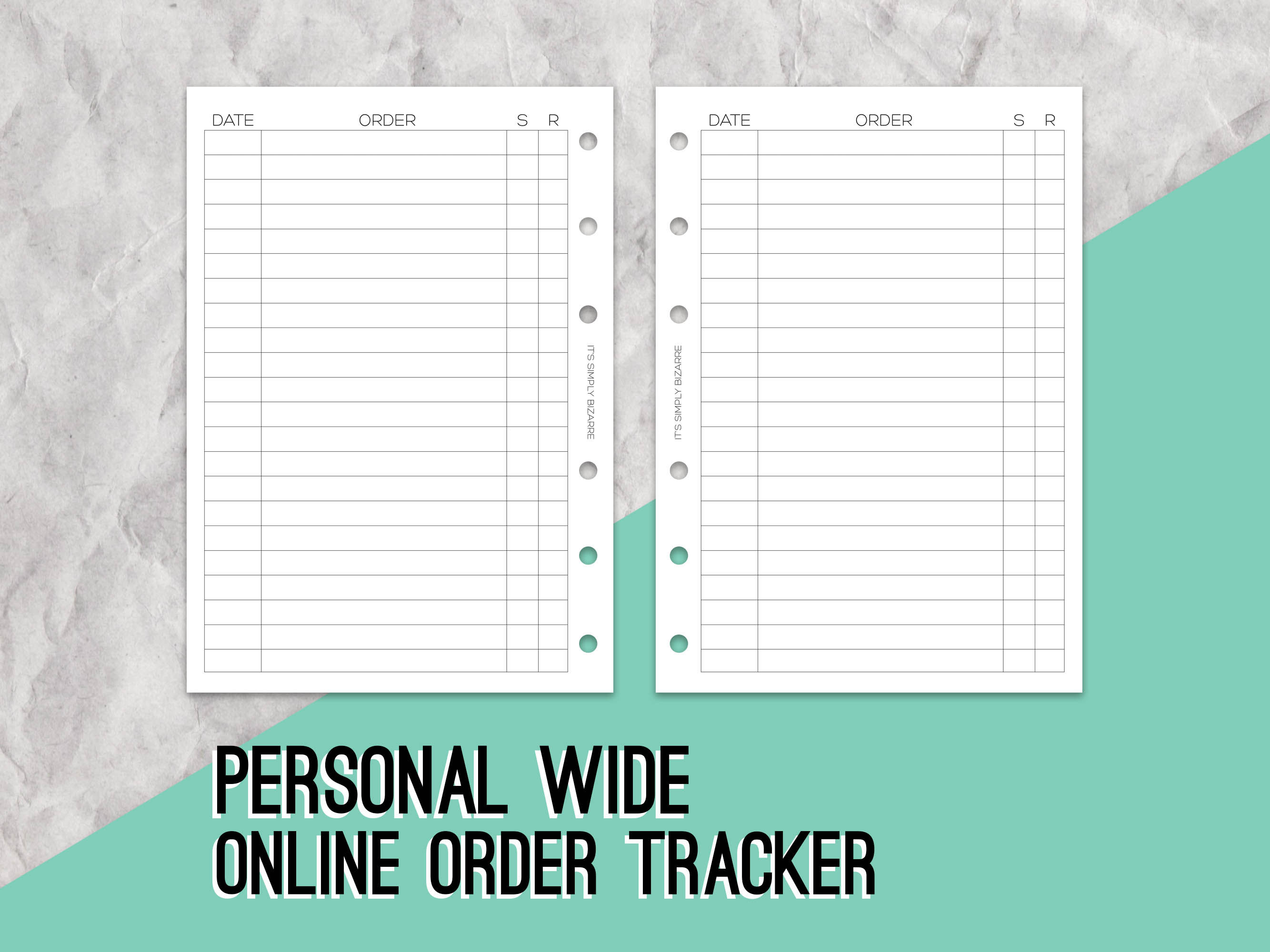 Mockup showing a Personal Wide sized planner page featuring a grid to track online orders