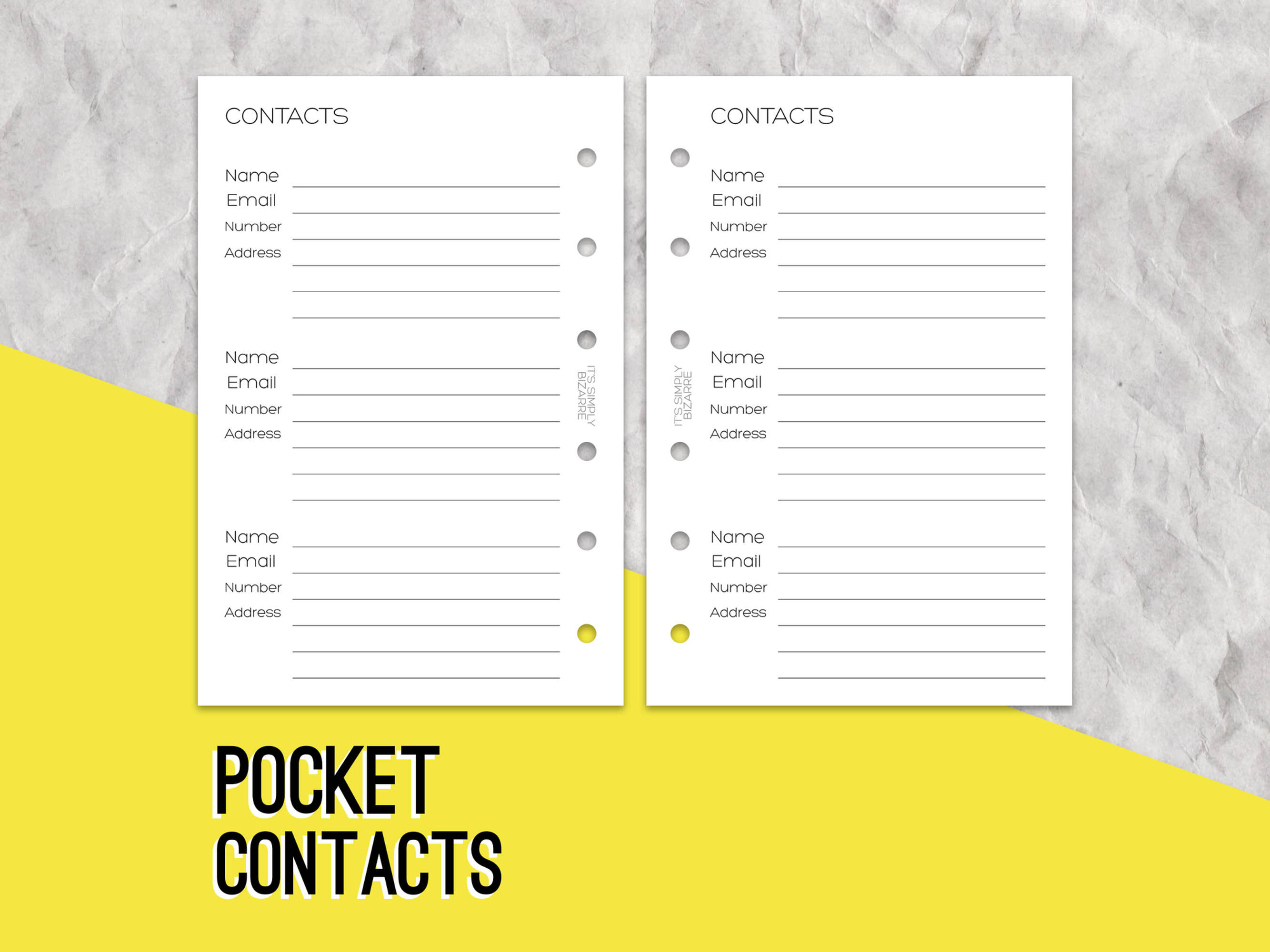 Mockup showing a pocket sized planner page featuring a space to write contacts information