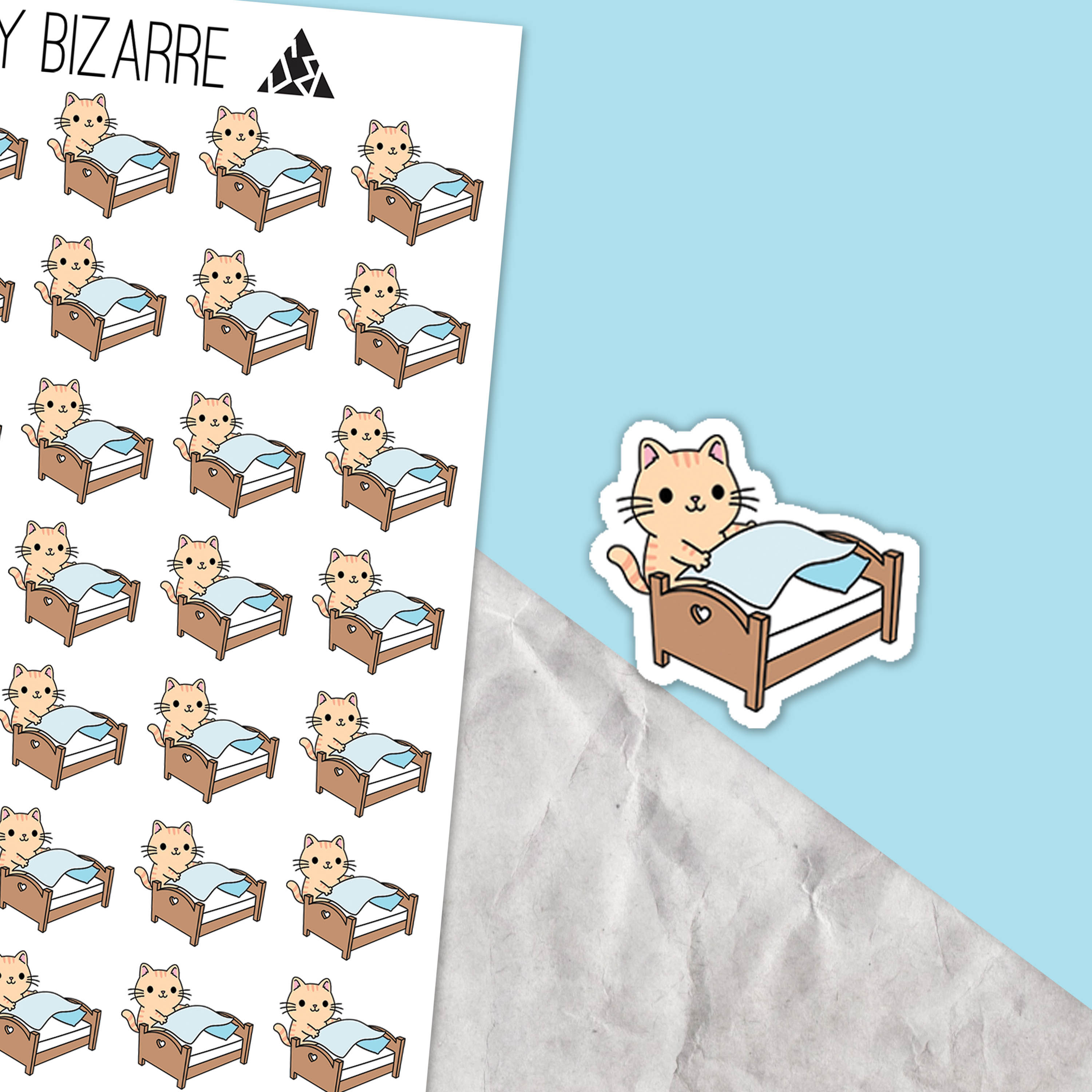 Stickers of a cartoon cat making the bed