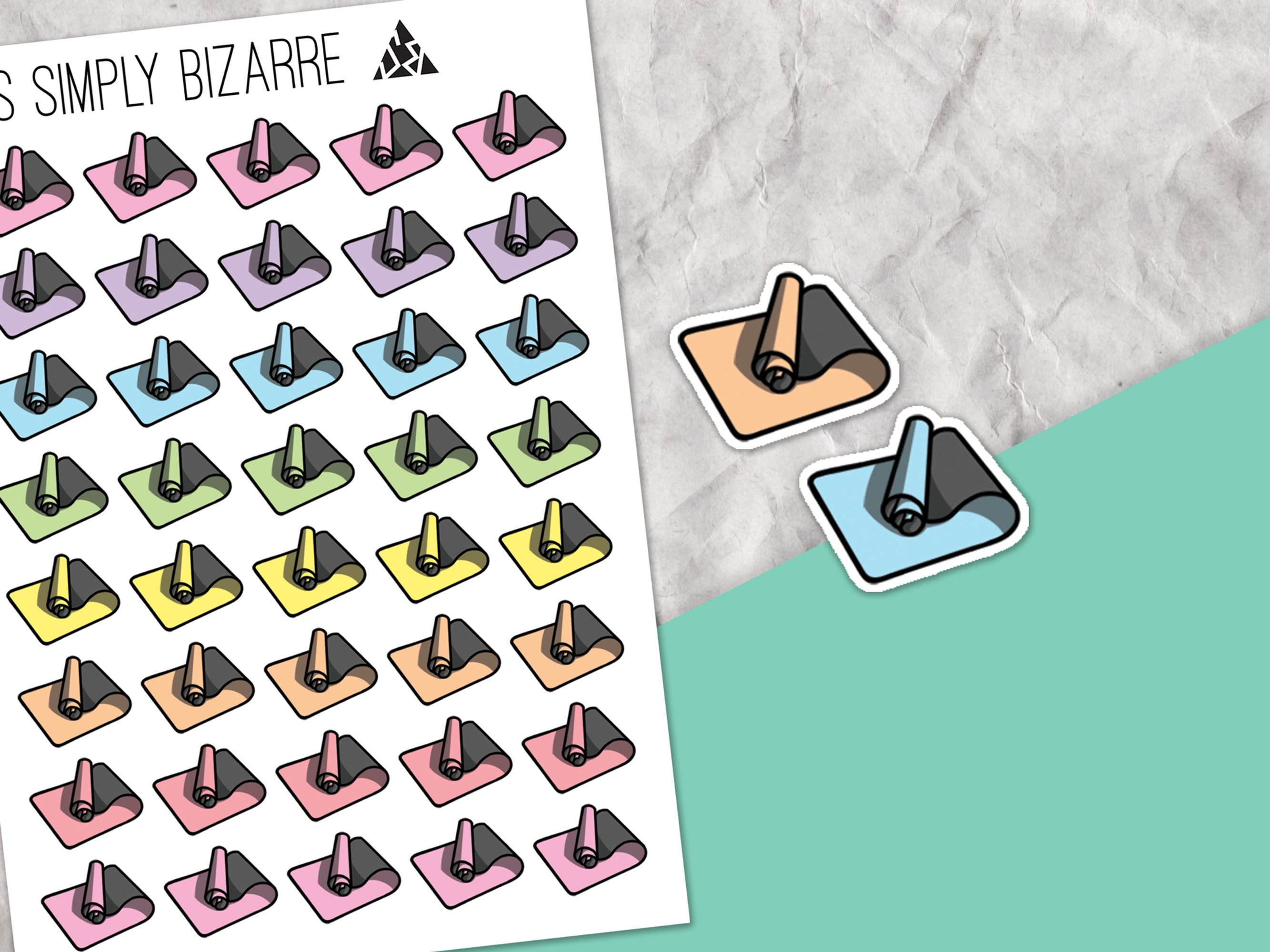 Hand drawn yoga mat stickers in pastel rainbow colours