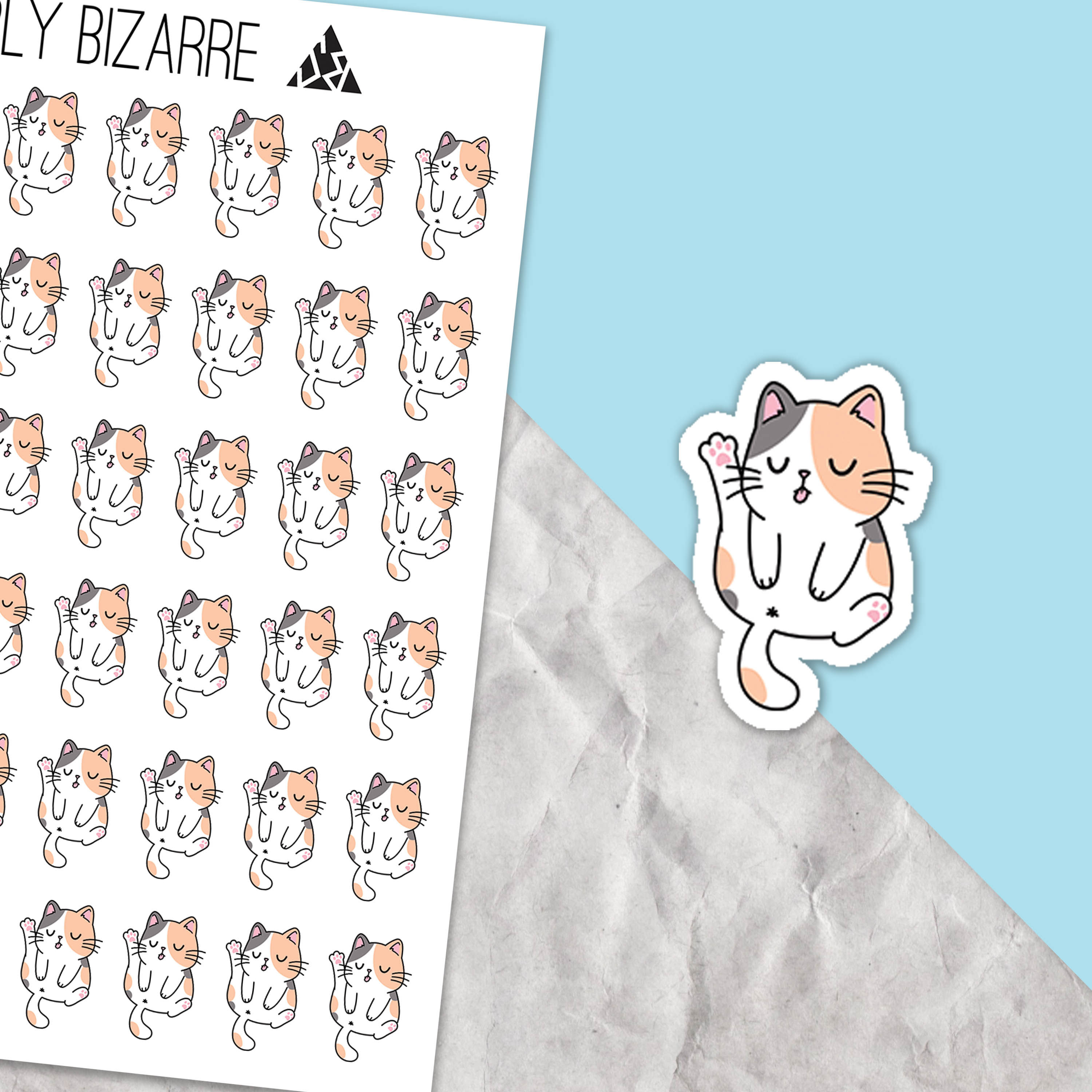 Sticker of cartoon cat grooming and licking it's leg