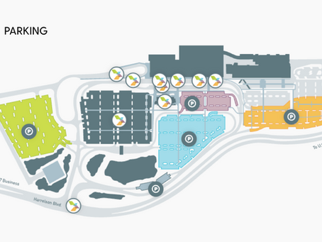 Color-coded terminal diagram of Myrtle Beach International Airport with concourses and parking zones