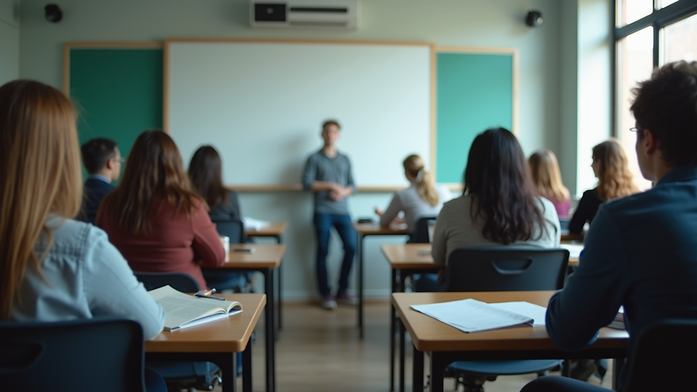Eye-level view of a classroom with students engaged in group discussion