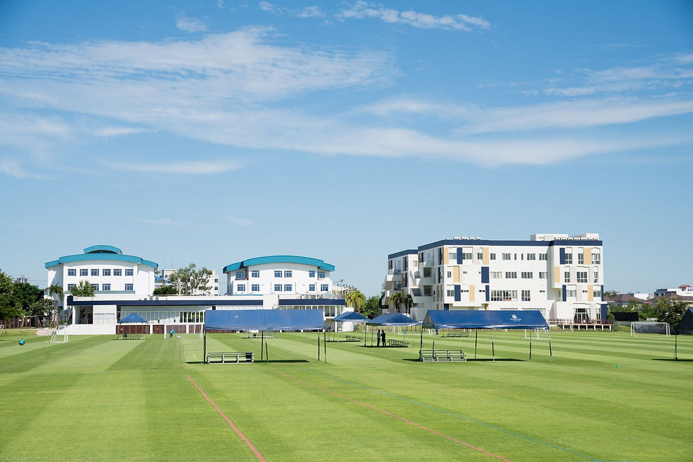 Eye-level view of a modern international school building