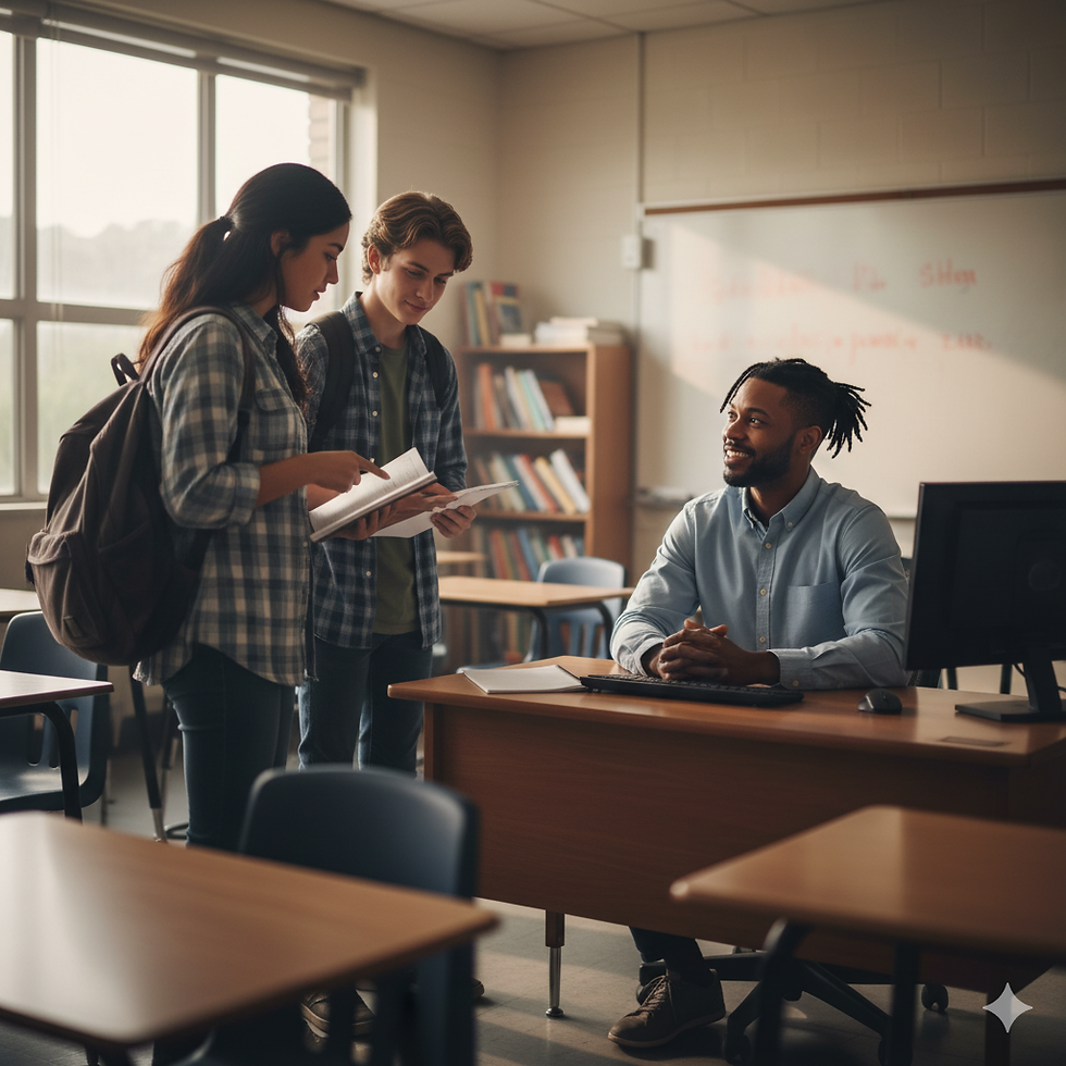 Teacher speaking with students after class