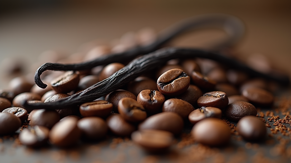 Close-up view of roasted coffee beans with vanilla pods