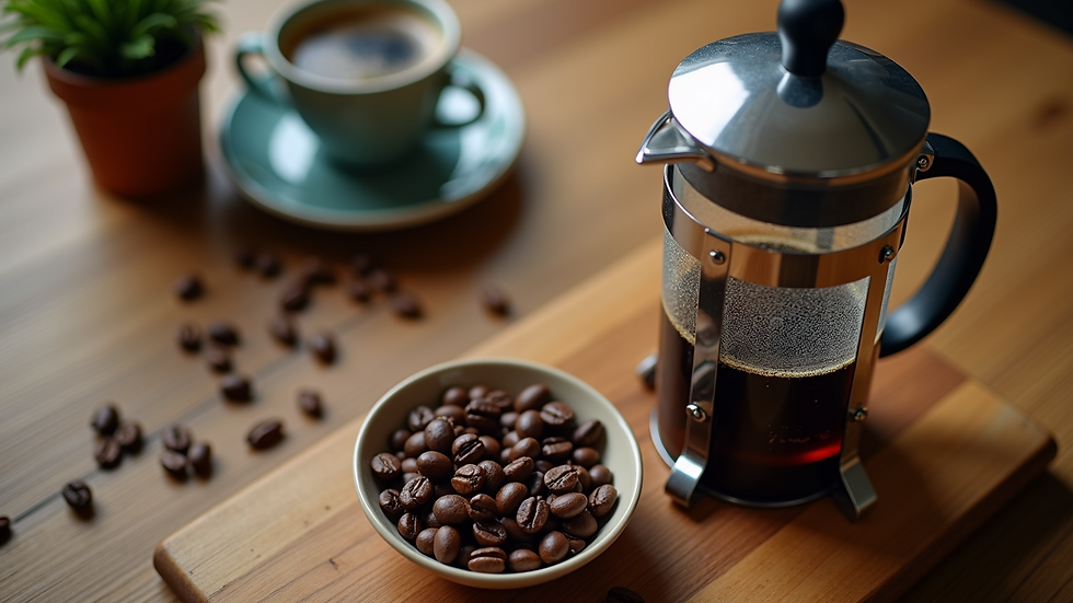 High angle view of a coffee brewing setup with a French press and fresh beans