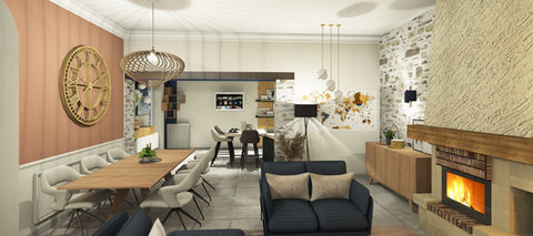 Book Concept déco pour pièce de vie ouverte sur cuisine.