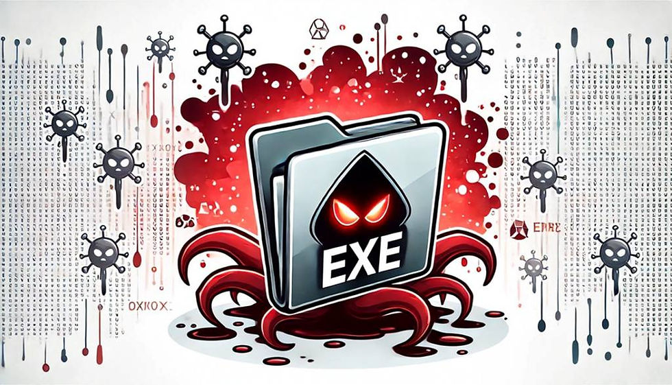 A digital illustration of an EXE file with red eyes and tentacles, surrounded by virus symbols and binary code. Red and black colors dominate.