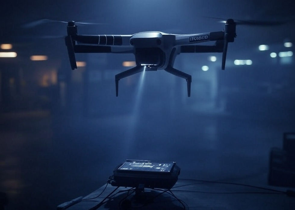A drone hovers in a dim, foggy room, shining a light on a device below. The scene is bluish with soft lighting, creating a mysterious mood.