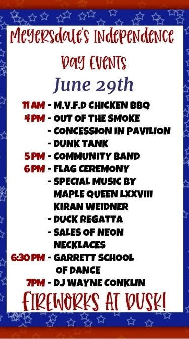 Independence Day Events planned in Meyersdale, on white background with red & blue border