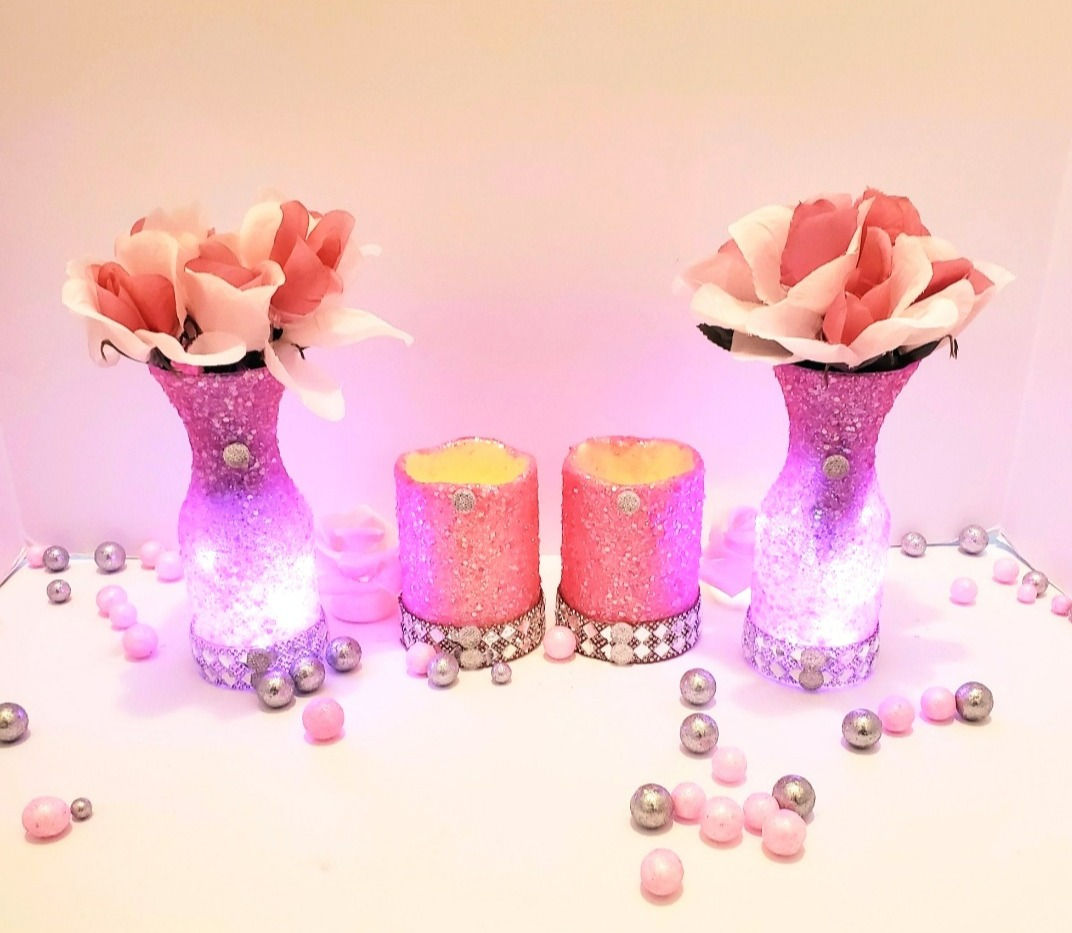 Pink Glitter LED Candle Tabletop Vase Set