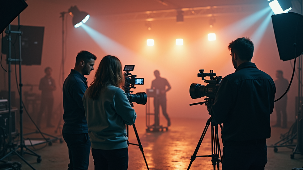 High angle view of a video production team setting up lighting equipment on location