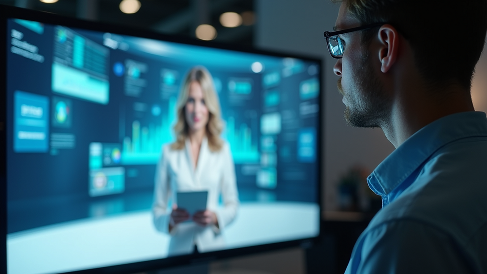 Eye-level view of a sleek virtual AI presenter on a digital screen