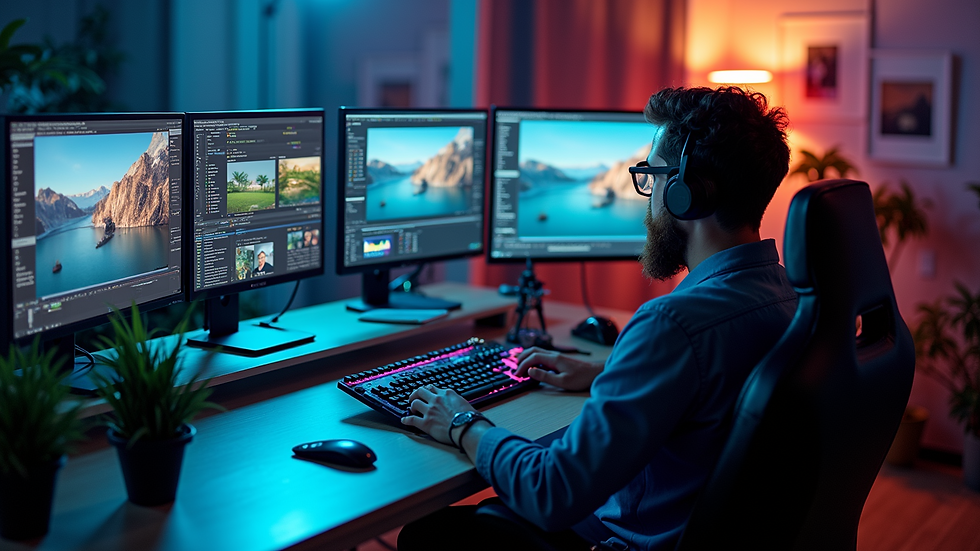 High angle view of a video editing workstation with multiple screens
