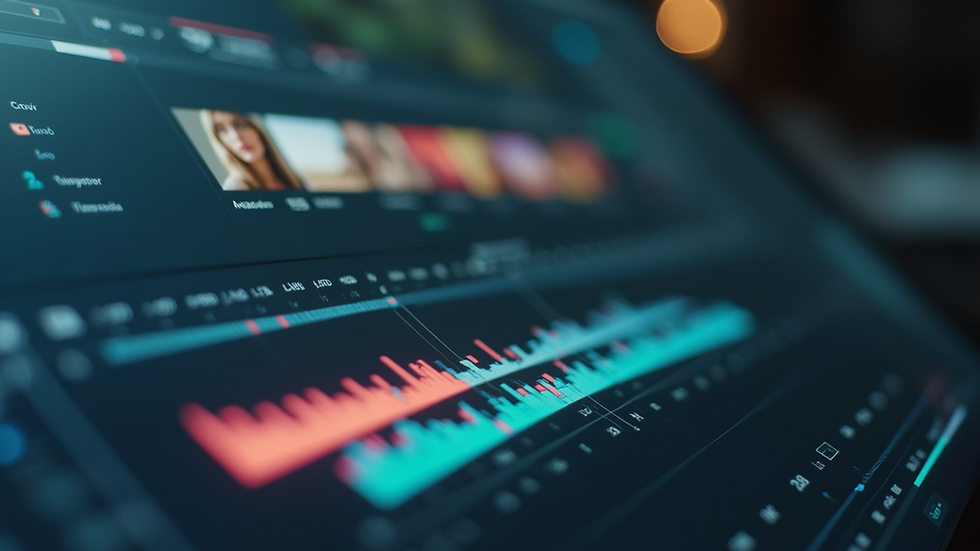 Close-up view of video editing software interface with timeline and clips
