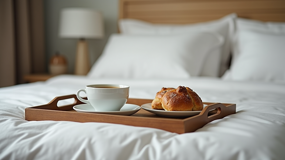 Close-up view of a breakfast tray with coffee and pastries on a bed