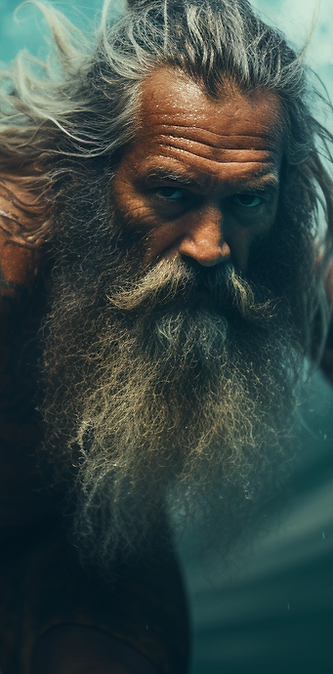 Nuvanari: The image displays a man with long hair and a beard, who seems to be surfing a wave. The man's features are the primary focus of the image, occupying a large portion of the frame. The image is predominantly black, with subtle hints of an accent color, perhaps indicating a darker or indoor setting. There are no explicit brands or other faces visible in the image. The man's beard and long hair are particularly noticeable and interesting, making him the key figure in the scene. The image lacks textual content or significant additional objects, pointing to a minimalist style where the focus is mainly on the man.